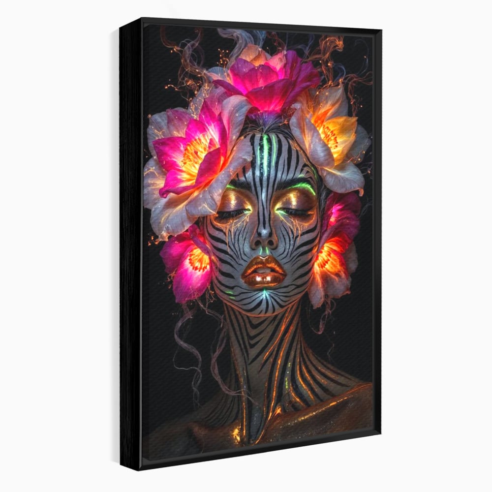Tablou canvas cu tablou canvas cu femeie si flori neon, in rama de aluminiu negru
